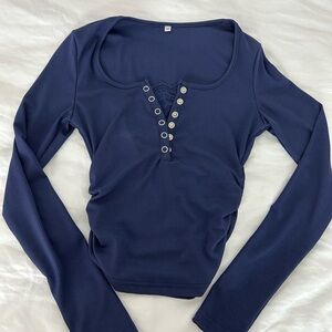Source Unknown Navy Ribbed Long-Sleeve Crop Henley Top